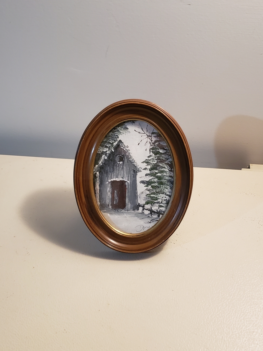 Oval Gold Tone Picture Frame with Winter Cabin Art